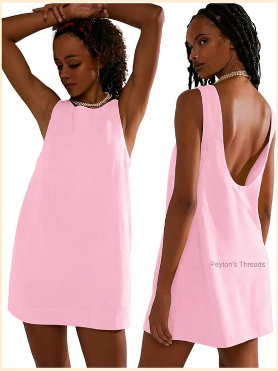 Dresses & Skirts - Linen Blend Mini Dress Boat Neck Low Back Sleeveless Tank with Pockets